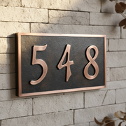 Handmade dark patina copper address plaque with 3 house numbers - square product photo