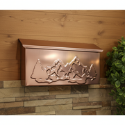 Handmade brushed copper mailbox with mountain peak and tree design - square product photo