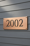 Handmade brushed copper address plaque with 4 house numbers - portrait mobile optimized