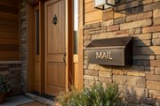 Dark patina copper mailbox with embossed MAIL - lifestyle on rustic home