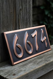 Handmade dark patina copper address plaque with 4 house numbers - portrait mobile optimized