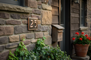Handmade dark patina copper address plaque with 2 house numbers - lifestyle on home exterior