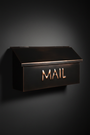 Dark patina copper mailbox with embossed MAIL - portrait mobile optimized