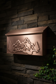 Handmade brushed copper mailbox with mountain peak and tree design - portrait mobile optimized